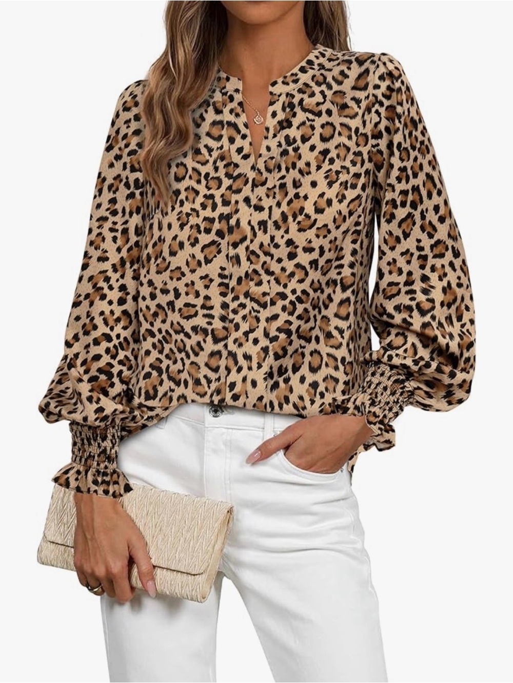 Leopard Print Smocked Cuff Blouse